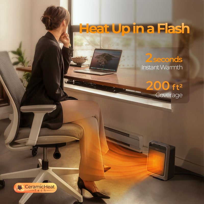 Rosekm Space Heaters for Indoor Use, 1500W Portable Electric Heater with Thermostat, Ceramic Heater for Room Bedroom Office Under Desk with 3 Heating Levels, Safe Tip-Over Protection - Image 4
